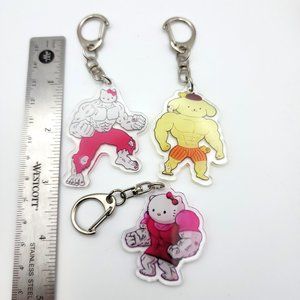 Sanrio Hello Kitty Funny Buff Flexing Double Sided Acrylic Keychain Lot of 3